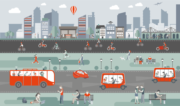 I første fase av oppdraget for Ruter, skisserte COWI tre ytterkant-scenarier for hvordan selvkjørende transport kan integreres i Oslo. I dette scenariet er personbiler del av en felles bilpark, har høy grad av bildeling og samkjøring i kombinasjon med sterk kollektivtransport. Illustrasjon: COWI
