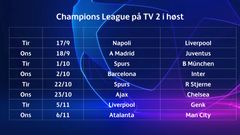 Slik vises Champions League på TV 2-kanalene i høst.