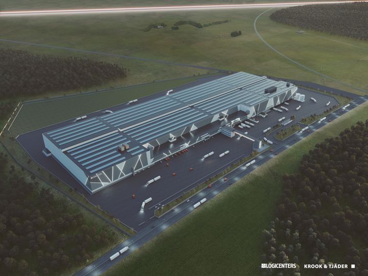 The Logistics centre DLS Bålsta has an area of just over 100,000 sqm. The building is 575 metres long and 180 meters deep. It is planned to be completed in spring 2022. Image: Krook & Tjäder