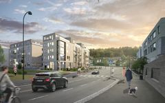 Skisse til boligprosjektet Teieparken i Tønsberg. NB: Dette er ikke prosjektets endelige utforming.