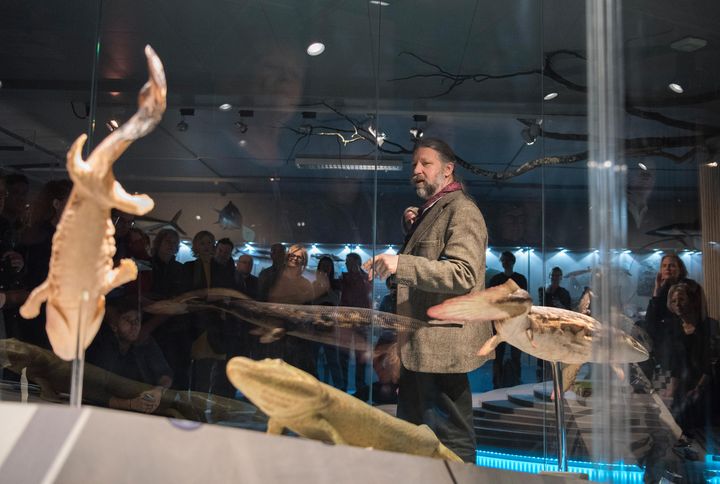 Zoolog Petter Bøckman forteller om de første dyrene som steg opp på land under åpningen av evolusjonsutstillingen «Livets tre». Foto: Karsten Sund/Naturhistorisk museum