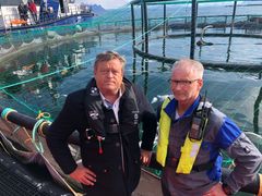Fiskeriminister Harald T. Nesvik sammen med daglig leder Tom Jarle Bjørkly i Mortenlaks.