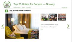 Thon Hotel Rosenkrantz Oslo ligger også som nummer én på topplisten over hotellene som gir best service i hele Norge på TripAdvisor.