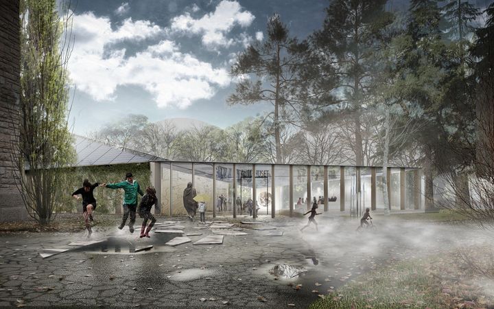 Uteområdene rundt Klimahuset vil formidle vær- og klimafenomener gjennom lek og aktiviteter. Illustrasjon: Lund Hagem og Atelier Oslo.
