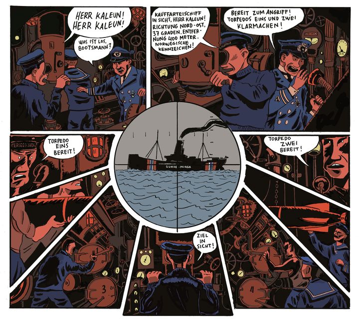 Fra tegneserien "Torpedert - Damskipet Gurres siste ferd", av K. Krohg-Sørensen