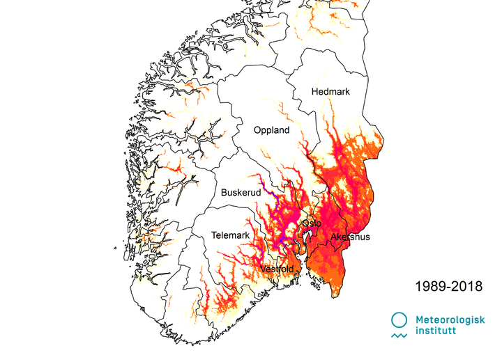 Kartet viser antall hetebølger i Sør-Norge i perioden 1989-2018. Illustrasjon: Helga Therese Tilley Tajet og Mai-Linn Finstad Svehagen