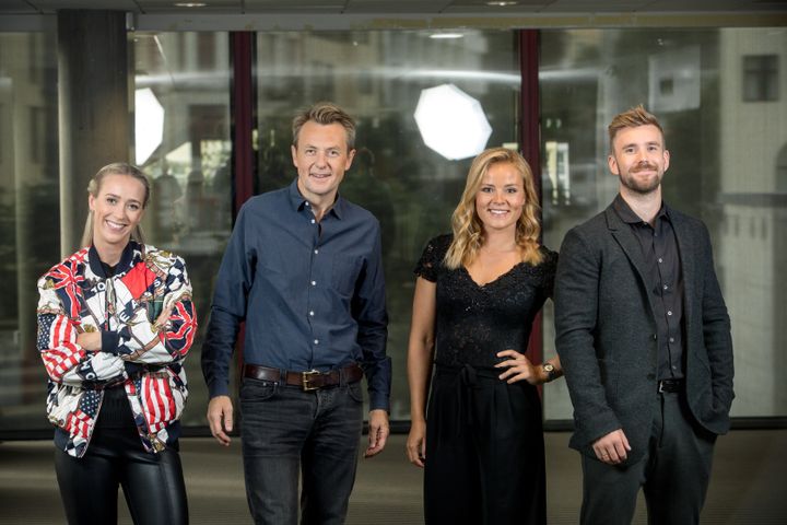 Katarina Flatland, Fredrik Skavlan, Helene Olafsen og Stian Blipp under TV 2s høstlansering i Bergen i dag. Foto: Eivind Senneset, TV 2.