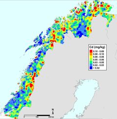 Dette kartet fra Nord-Norge viser hvordan den fordelingen av kadmium (Cd) fordeler seg i jorda. Slike kart kan forskerne framstille for alle grunnstoffene som blir analysert.