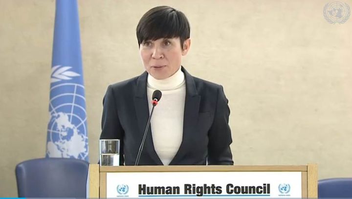 Utenriksminister Ine Marie Eriksen Søreide deltar denne uka på FNs menneskrettighetsråds høynivåmøte. Dette bildet er fra fjorårets sesjon. Foto: UN Web TV