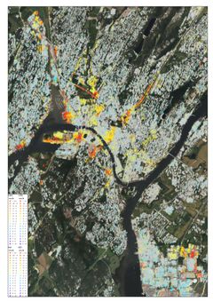 InSAR-data fra den sentrale delen av Fredrikstad. De røde punktene viser innsynkning på minst 1 cm per år.
