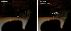Her ser du to bilder tatt på 40 meters avstand. Det til venstre er uten refleks og det andre med. Forskjellen er tydelig! (Foto: NAF)