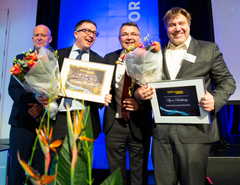 OG21s Technology Champions 2019 (fra venstre): Roy Ruså (Petero), prisvinner Karl Johnny Hersvik ( direktør i AkerBP), olje- og energiminister Kjell-Børge Freiberg og prisvinner Bjørn Rudshaug (prosjektleder i Equinor)