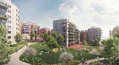 I dette planlagte boligprosjektet på Løren i Oslo vil  50 av leilighetene bli solgt til OBOS Bostart-pris.  Illustrasjon: Blår