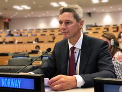Norges nye FN-ambassadør Tore Hattrem holdt sju innlegg på sine første åtte dager på jobb. Her fra UN Womens presentasjon av ny strategisk plan for likestilling, 29. august. Foto: FN-delegasjonen / Twitter