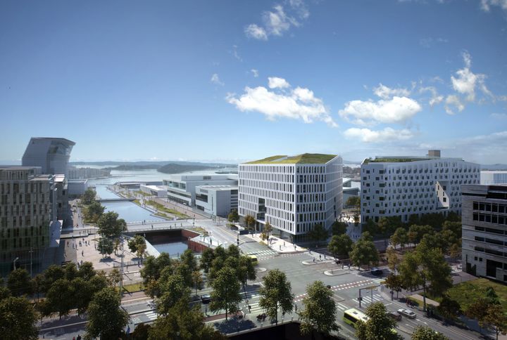 Diagonale-prosjektet består av et studentbygg og et kontorbygg. Olav Thon Gruppen og HAV Eiendom AS eier 50 % hver. Foto: HAV Eiendom