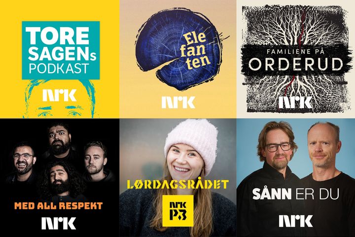 Et utvalg av NRKs podkasttilbud: Tore Sagens podkast, Elefanten, Familiene på Orderud, Med all respekt, Lørdagsrådet og Sånn er du.