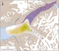 Illustrasjonen viser hvor Paulabreen lå da den var på sitt største. Fjorden var helt avstengt. Figur: Astrid Lyså m.fl./Boreas 2018