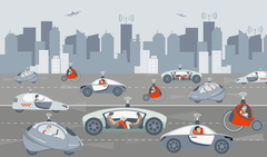 Illustrasjon av ytterkantscenario der personbiler er i privat eie, hvor samkjøring ikke eksisterer og hvor mobilitetssystemene ikke er integrert (MaaS).