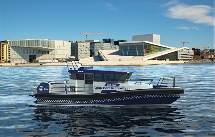 Oslo Havns nye oppsynsbåt tar i bruk hybridteknologi, og vil bli blant de mest miljøvennlige av denne typen. Båten vil gå på strøm på lave hastigheter på oppsynsrundene. Det reduserer forbruket av miljødiesel med cirka 70 %. Illustrasjon: Maritime Partner AS