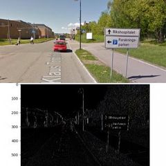 Originalbildet på toppen er fra Google street view. Under er bildet derivert (i horisontal retning.)
