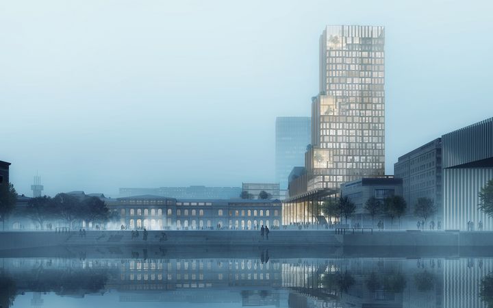 Høyhuset "Nordisk lys" sett fra vannet. Illustrasjon: Reiulf Ramstad Arkitekter og C F Møller