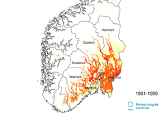 Kartet viser antall hetebølger i Sør-Norge i perioden 1961-1990. llustrasjon: Helga Therese Tilley Tajet og Mai-Linn Finstad Svehagen