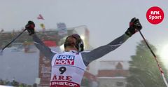 Aksel Lund Svindal kjører inn til 2. plass i utfor for menn i alpin-VM i Åre, 2019. Foto: Skjermdump NRK