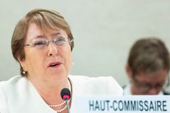 Michelle Bachelet holdt sin første tale som FNs høykommissær for menneskerettigheter i dag, 10. september. Dette skjedde under Menneskerettighetsrådets 39. sesjon. Foto: UN Photo / Jean-Marc Ferré