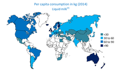 Globalt melkekonsum per innbygger. Kilde: The World Dairy Situation 2015, IDF (Bulletin of the International Dairy Federation)