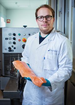 Jens-Erik Dessen har også undersøkt om laksen som har fått ulikt fôr for hadde vesentlige forskjeller i kvalitetsegenskaper som fasthet, muskelspalting og farge. Det hadde den ikke. Foto: Joe Urrutia © Nofima.