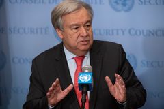 Generalsekretær António Guterres om COP24 på pressekonferanse 28. november. UN Photo: Evan Schneider