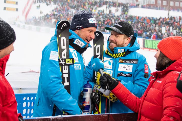 Aksel Lund Svindal (t.v.) la opp etter alpin-VM i Åre, men verdensmester Kjetil Jansrud kjører NM i Hemsedal. Foto: Ola Matsson