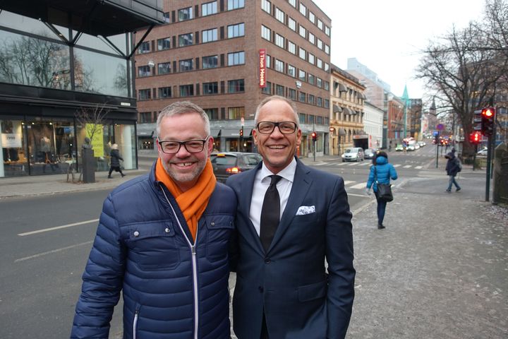 SKAL PUSSE OPP: Interiørarkitekt Trond Ramsøskar (t.v.) og hotelldirektør Christian Arnet gleder seg til å vise frem nyoppussede Thon Hotel Europa i 2018.