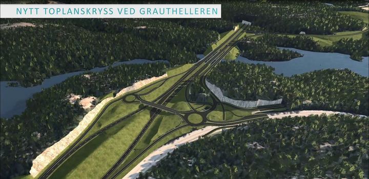 Starter her: Kontrakten til en verdi av 3,9 milliarder kroner starter her ved Grauthelleren, like vest for Kristiansand sentrum. Illustrasjon: Nye Veier AS.