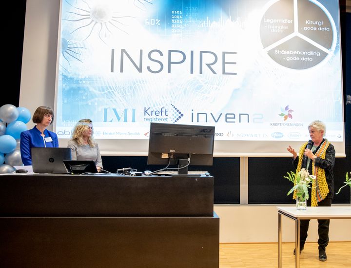 Giske Ursin i Kreftregisteret, Karita Bekkemellem i LMI og Anne Lise Ryel i Kreftforeningen under lanseringen av INSPIRE.