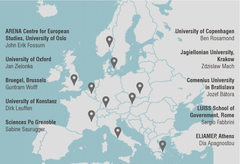 Ti av verdens fremste institutsjoner på europaforskning er del av prosjektet UiO skal lede. Illustrasjon: ARENA, UiO