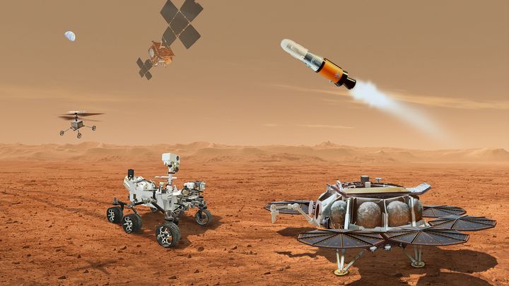 Mars-prøvetaking – NASA-illustrasjon som viser et konsept for flere roboter som vil slå seg sammen for å frakte prøver til Jorden av steiner og jord som samles inn fra Mars-overflaten av NASAs Mars Perseverance-rover (Kilde: NASA)
