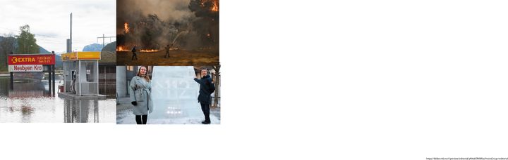 Collage som viser flom i Nesbyen, skogbrann i Hellas og representanter for Naturvernforbundet foran isskulptur med Grl. §112