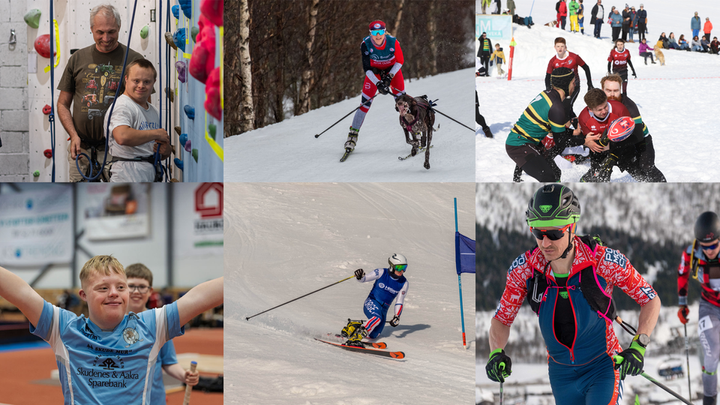 Klatring og innebandy for utviklingshemmede, hundekjøring, snørugby, telemark og randonee er noen av idrettene vi vil se på Lillehammer om få dager. Bildecollage: NIF